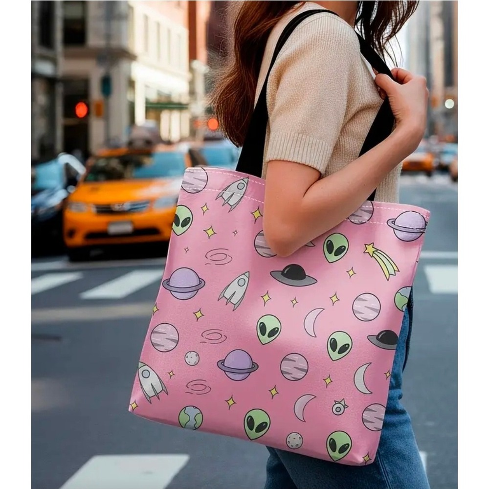 Pink Alien Outer Space Tote‎ Bag Planets Rockets Graphic Shoulder Bag Reusable